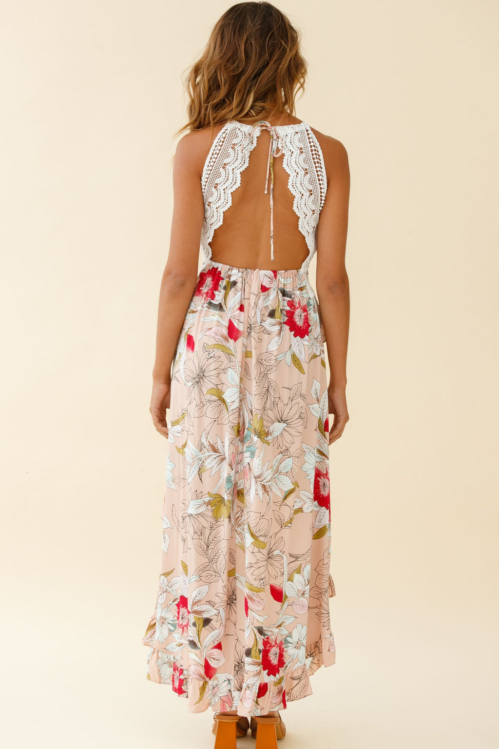 Over The Moon High-Low Hem Crochet Lace Dress Floral Print Mocha by Selfie Leslie