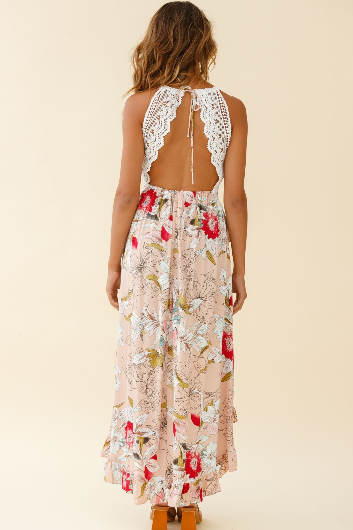 Over The Moon High-Low Hem Crochet Lace Dress Floral Print Mocha by Selfie Leslie