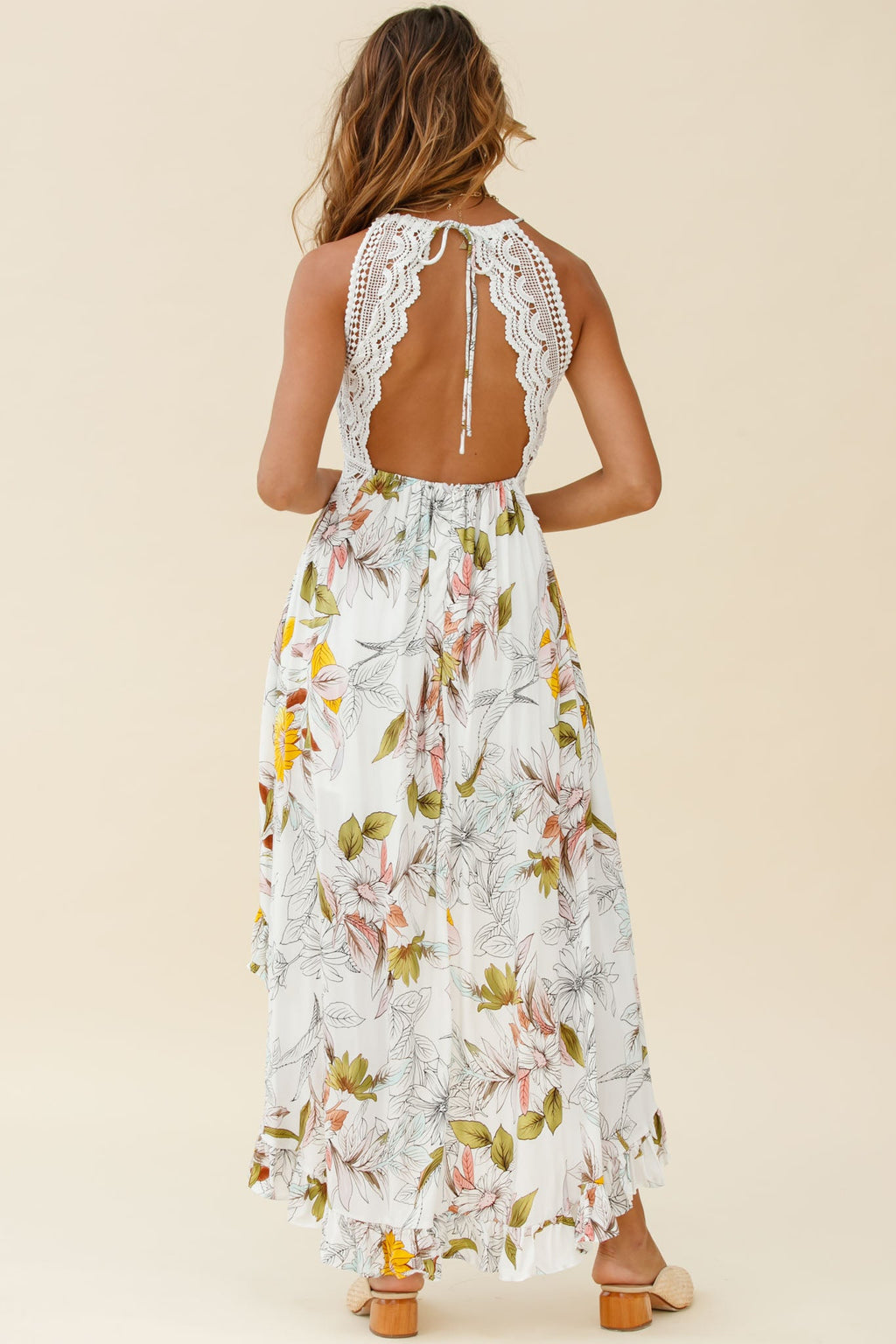 Over The Moon High-Low Hem Crochet Lace Dress Floral Print White by Selfie Leslie