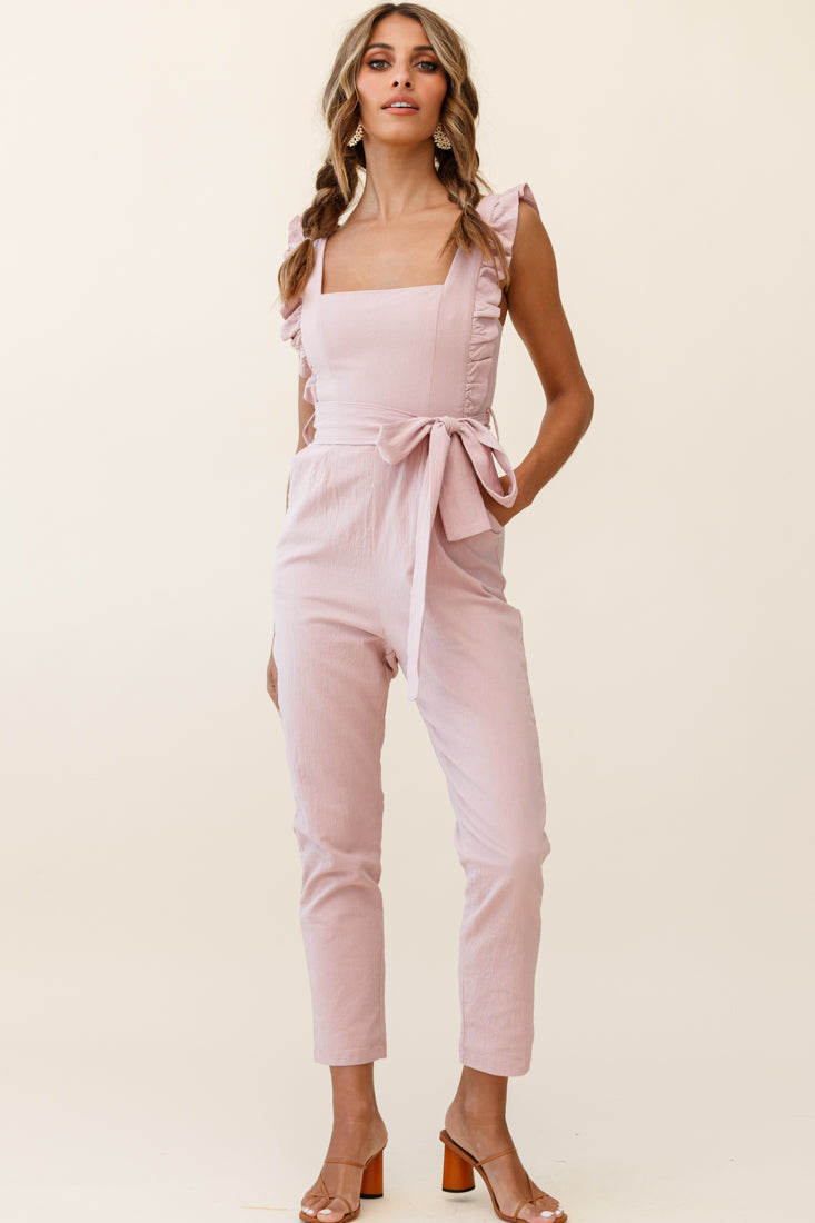 All For Love Square Neckline Ruffle Strap Jumpsuit Blush by Selfie Leslie