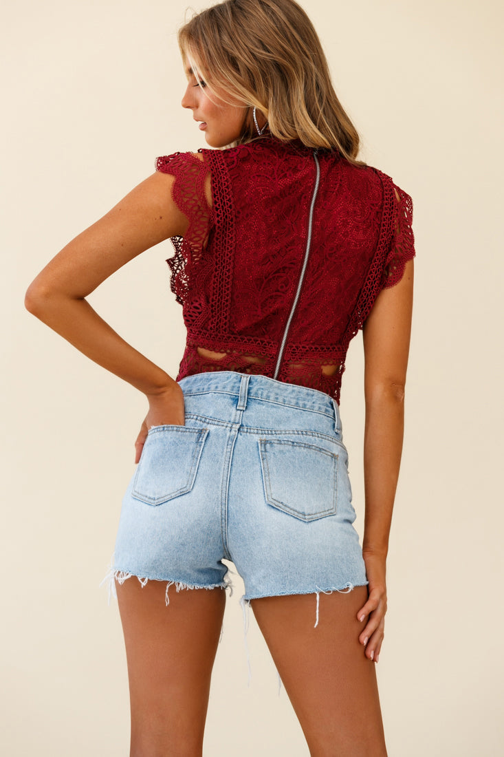 Straight Up High-Neck Lace Overlay Crop Top Wine by Selfie Leslie
