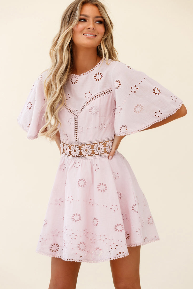 Anais Fluted Sleeve Exposed Back Broderie Anglaise Dress Blush by Selfie Leslie