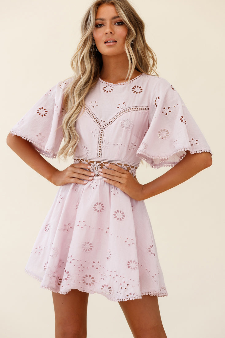 Anais Fluted Sleeve Exposed Back Broderie Anglaise Dress Blush by Selfie Leslie