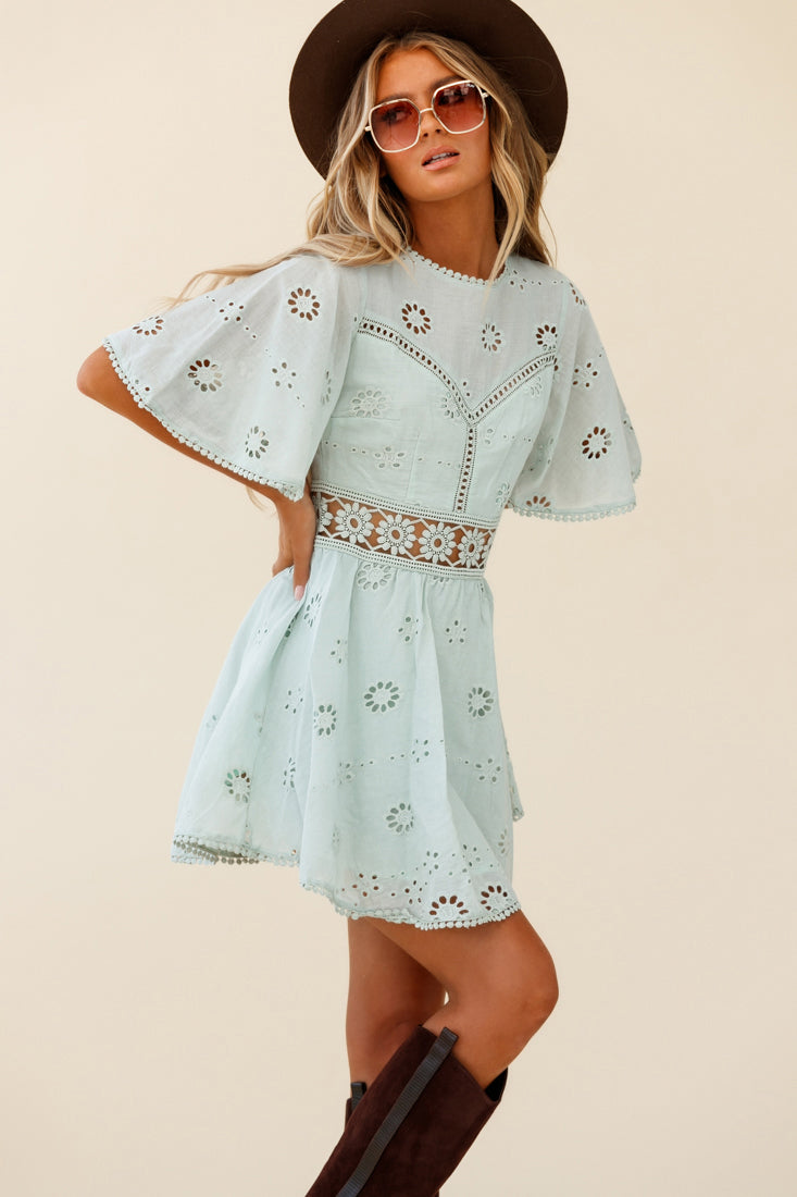 Anais Fluted Sleeve Exposed Back Broderie Anglaise Dress Sage by Selfie Leslie