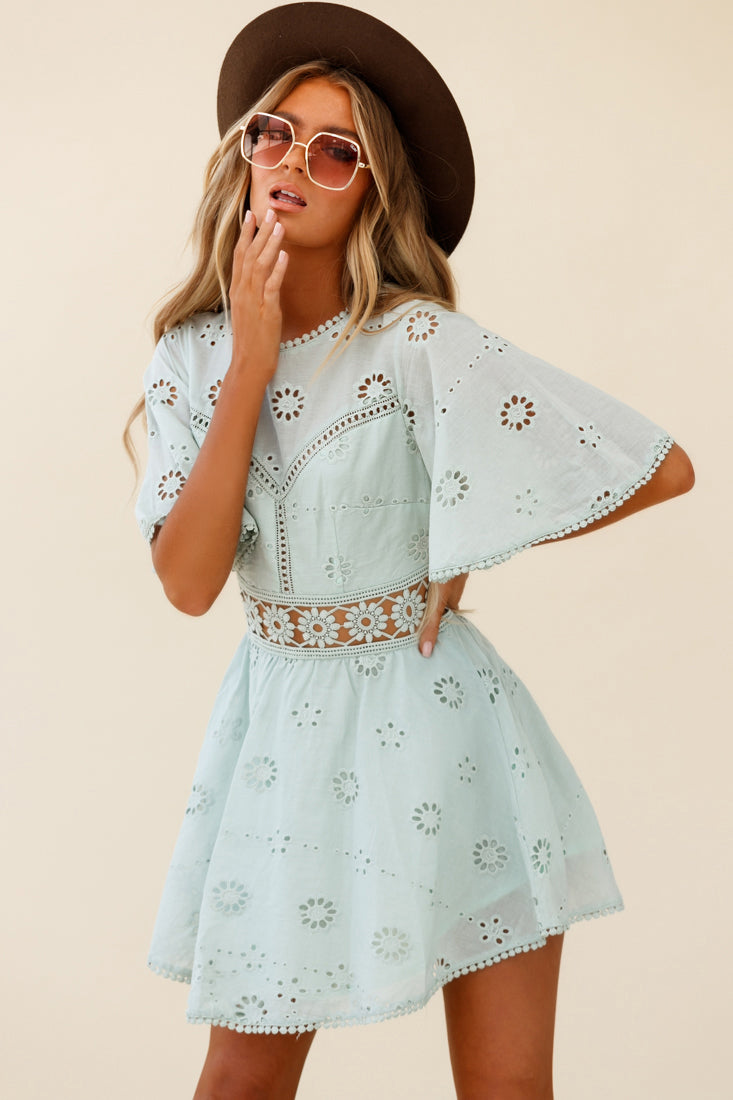 Anais Fluted Sleeve Exposed Back Broderie Anglaise Dress Sage by Selfie Leslie