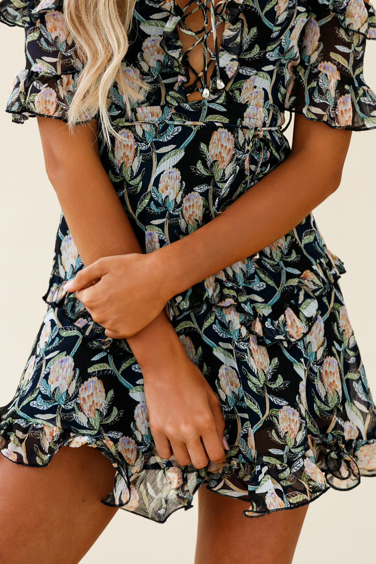 Maranda Bardot Lace-Up Bust Dress Banksia Print Navy by Selfie Leslie