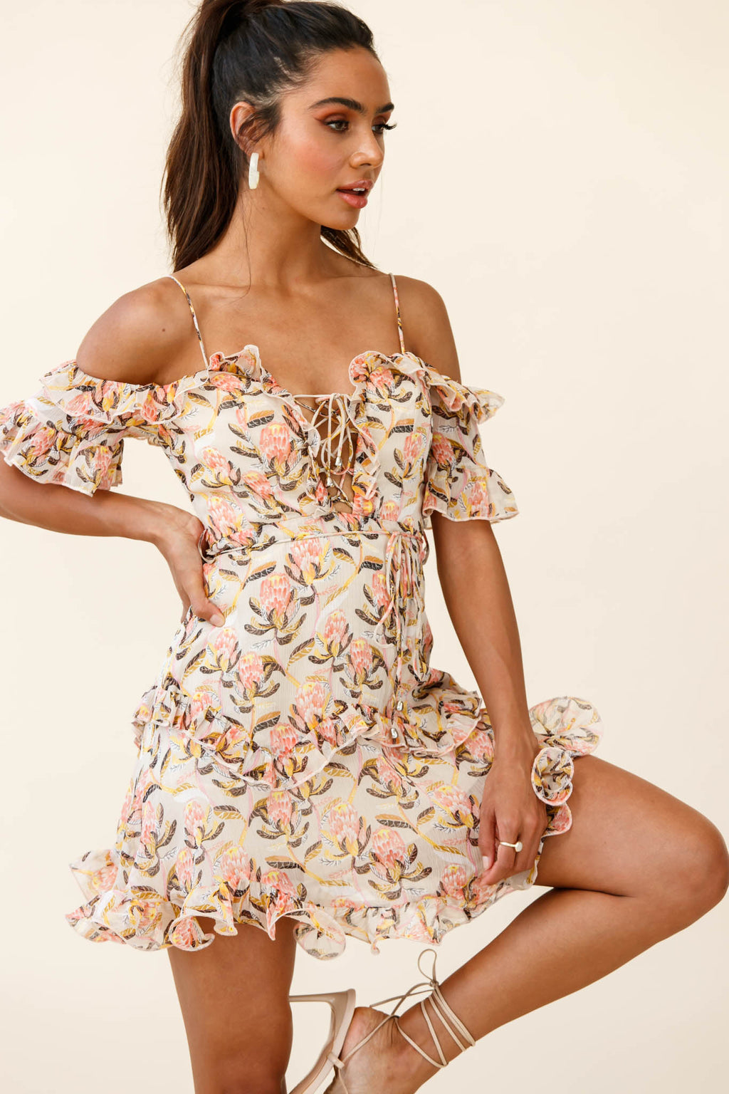 Maranda Bardot Lace-Up Bust Dress Banksia Print Dress Nude by Selfie Leslie