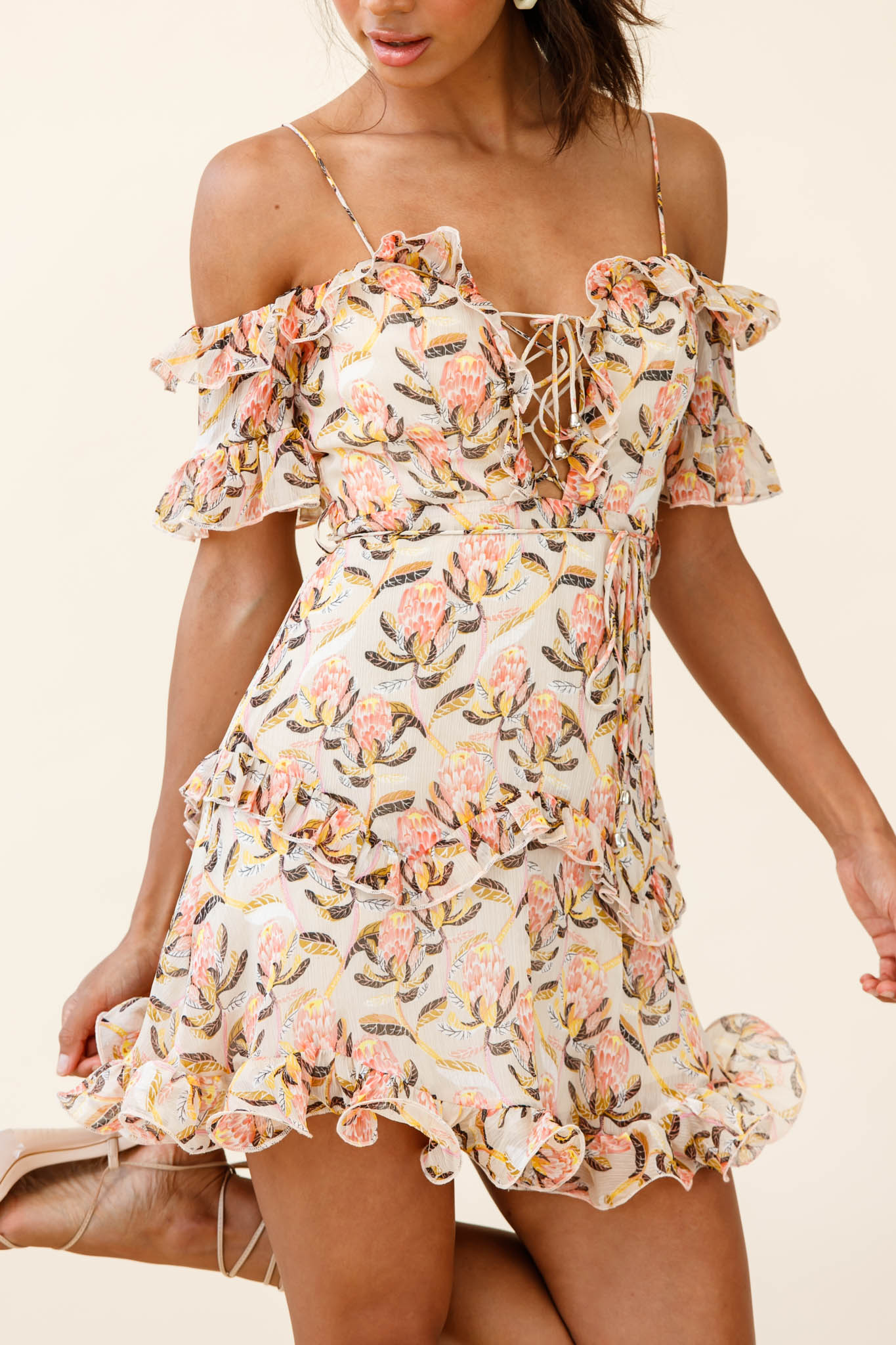 Maranda Bardot Lace-Up Bust Dress Banksia Print Dress Nude by Selfie Leslie