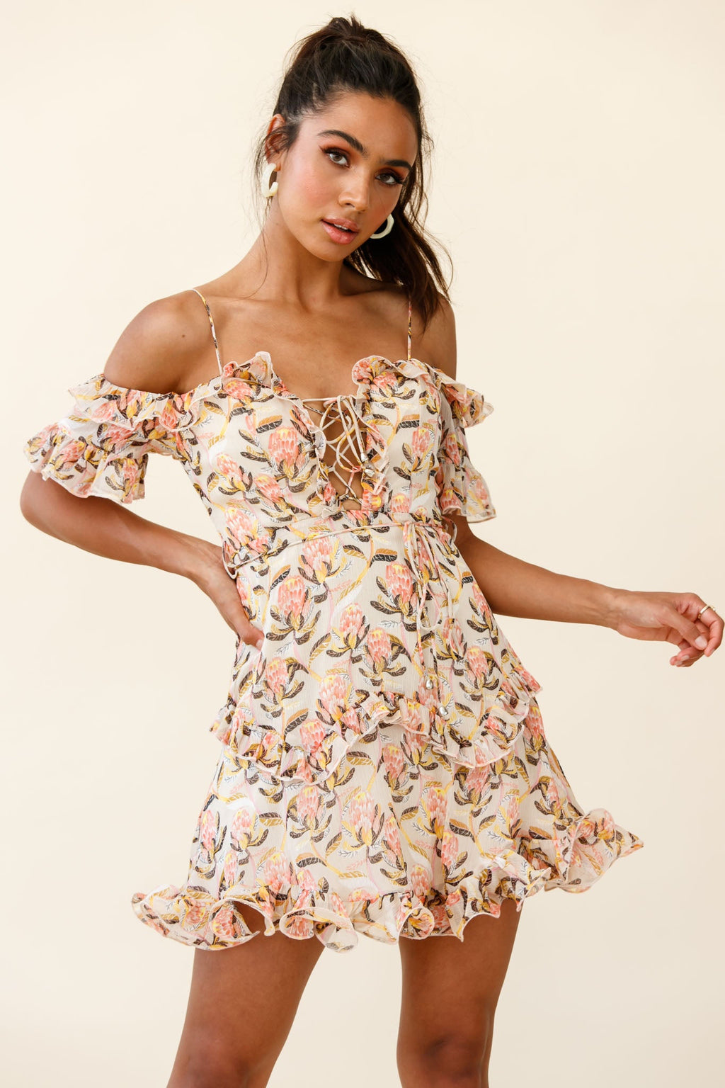 Maranda Bardot Lace-Up Bust Dress Banksia Print Dress Nude by Selfie Leslie