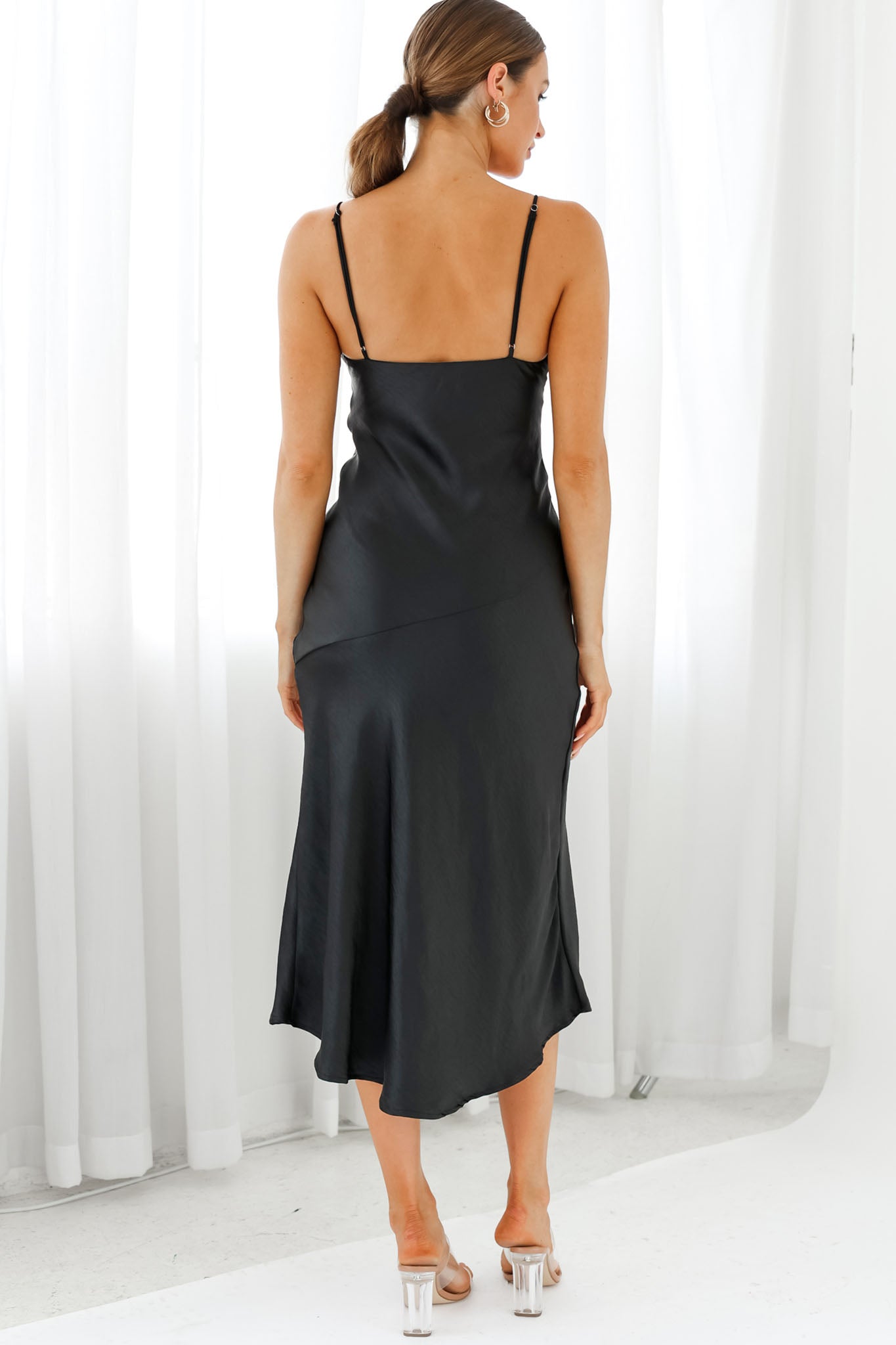Downtown Cami Strap Front Split Midi Dress Black by Selfie Leslie