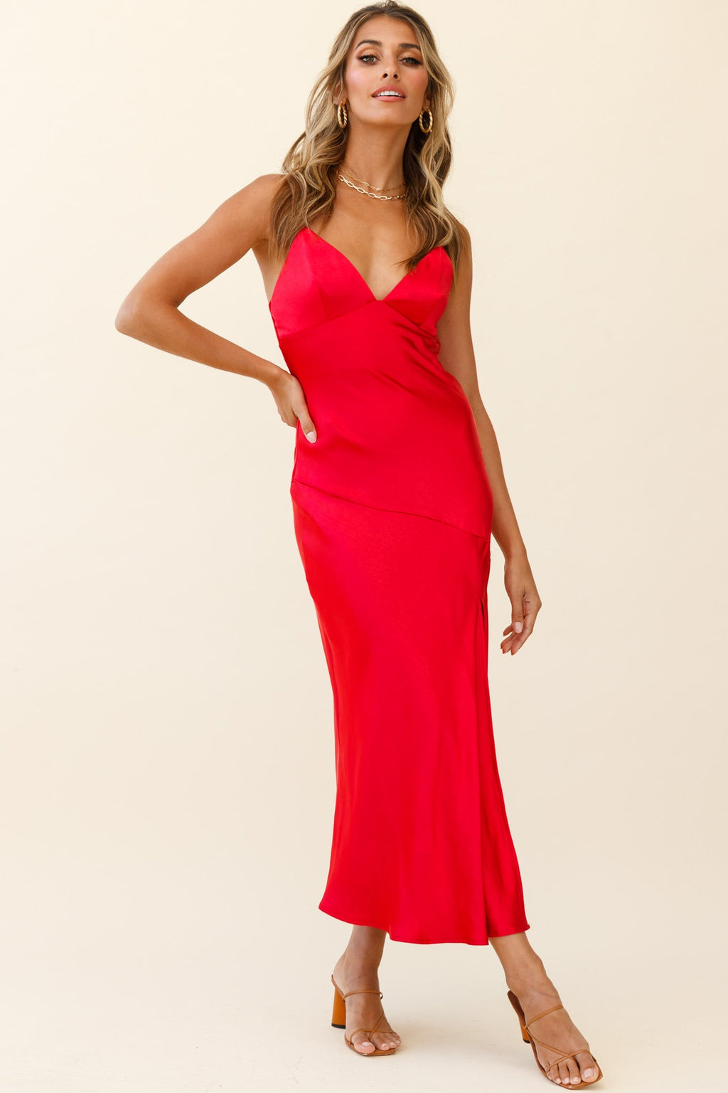 Downtown Cami Strap Front Split Midi Dress Wine by Selfie Leslie