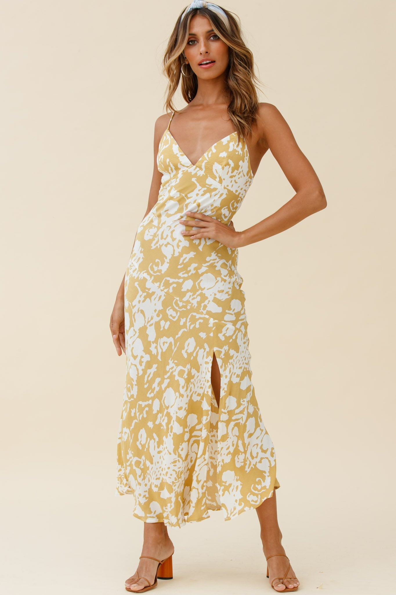 Downtown Cami Strap Front Split Midi Dress Stencil Print Mustard by Selfie Leslie
