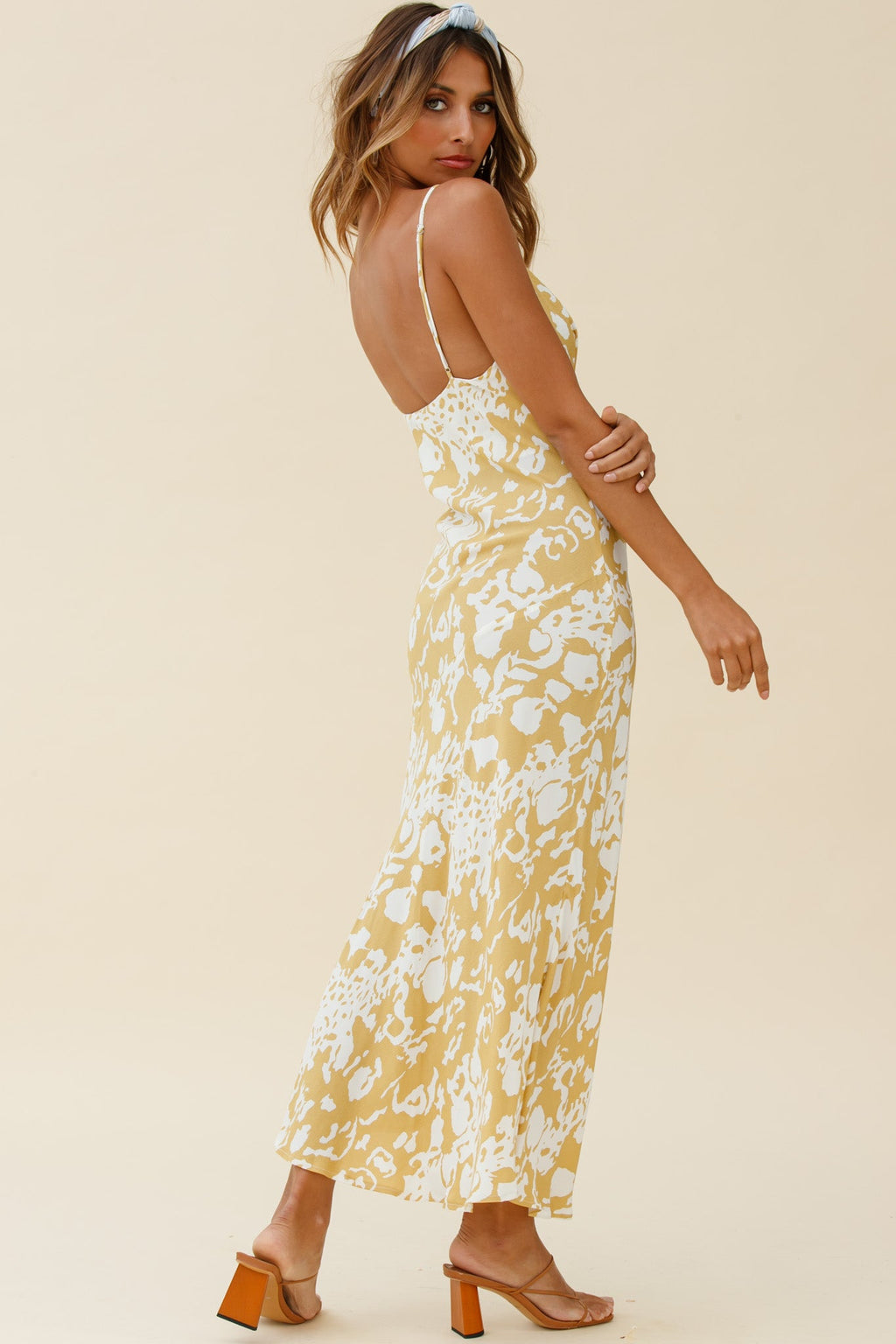 Downtown Cami Strap Front Split Midi Dress Stencil Print Mustard by Selfie Leslie