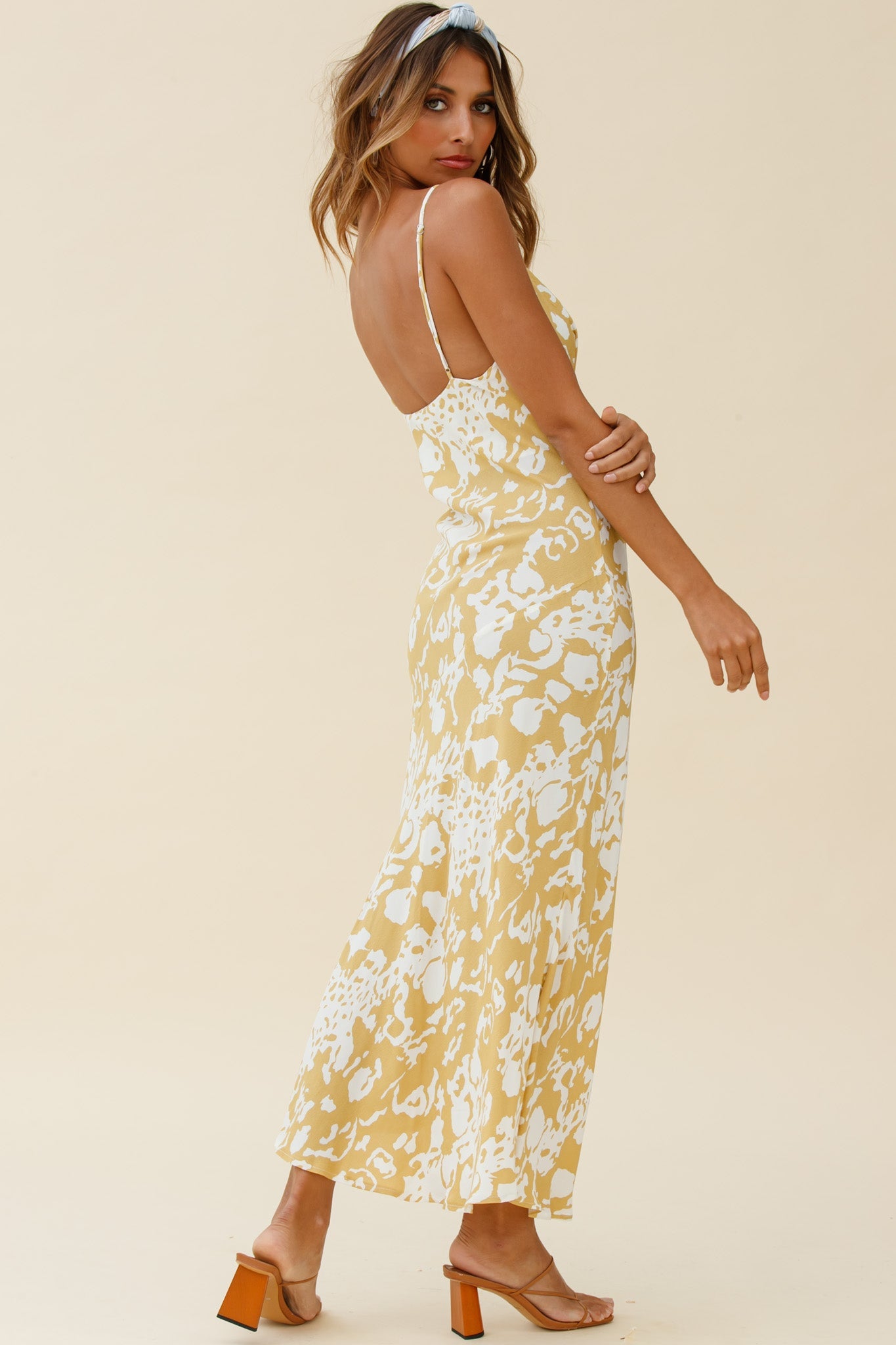 Downtown Cami Strap Front Split Midi Dress Stencil Print Mustard by Selfie Leslie