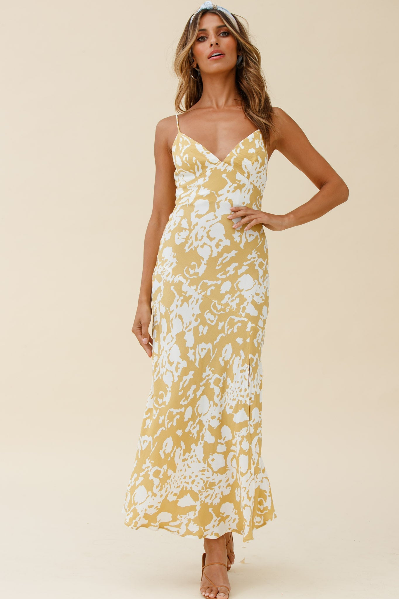 Downtown Cami Strap Front Split Midi Dress Stencil Print Mustard by Selfie Leslie