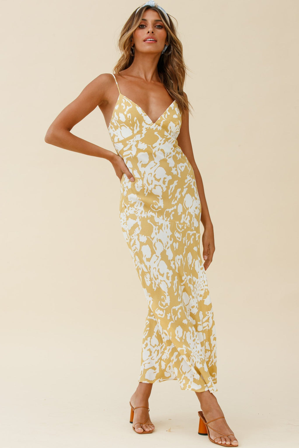 Downtown Cami Strap Front Split Midi Dress Stencil Print Mustard by Selfie Leslie