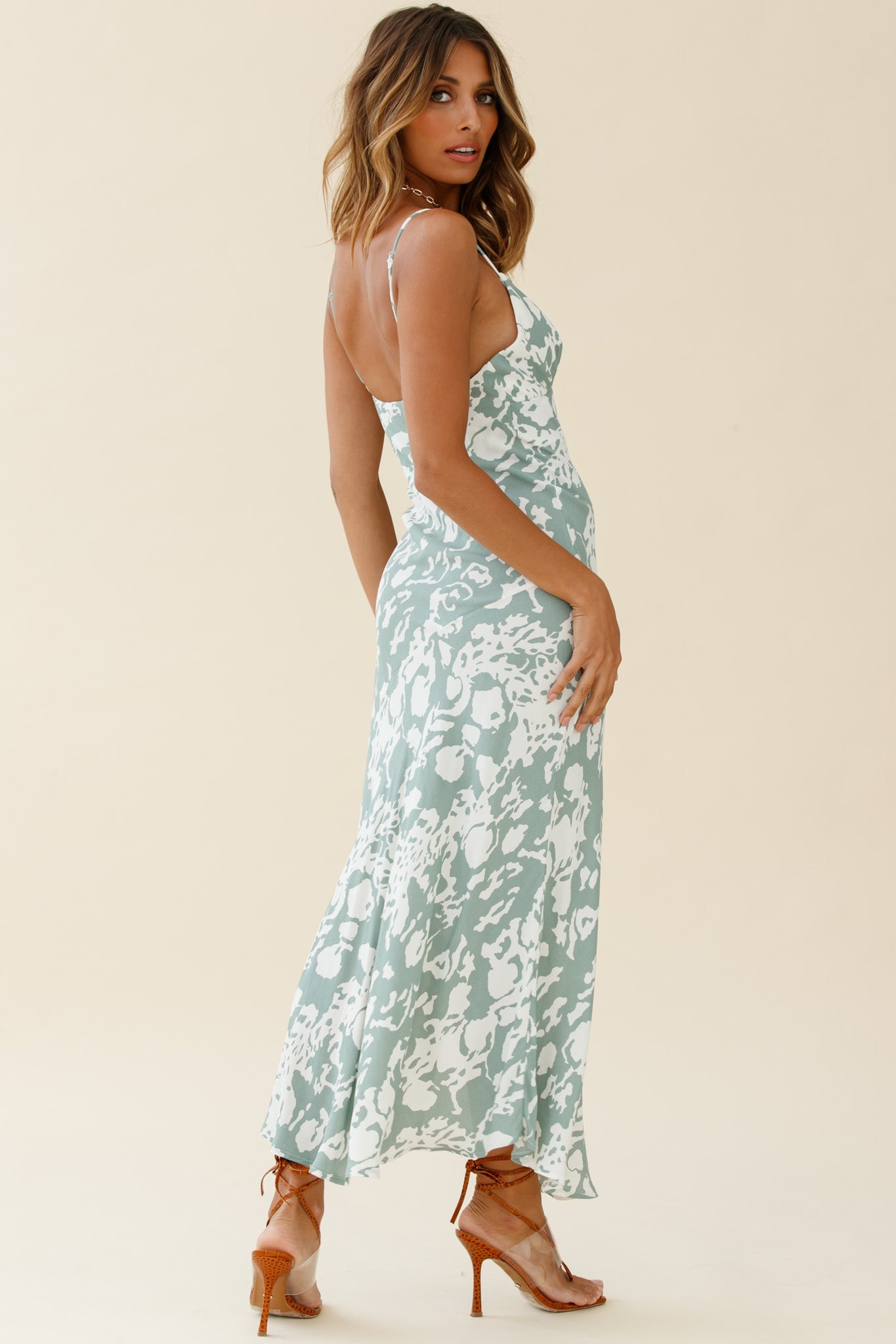 Downtown Cami Strap Front Split Midi Dress Stencil Print Sage by Selfie Leslie