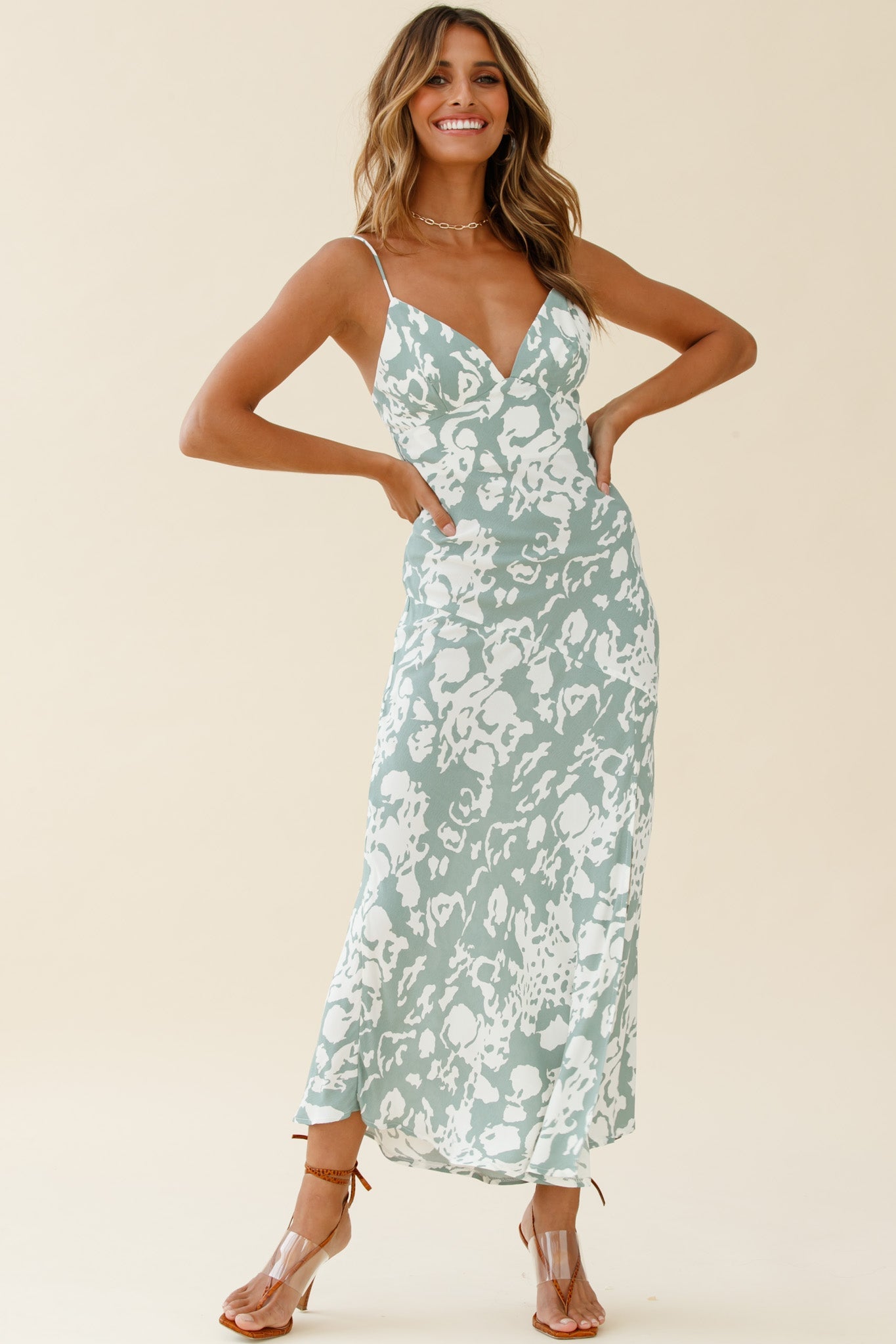 Downtown Cami Strap Front Split Midi Dress Stencil Print Sage by Selfie Leslie