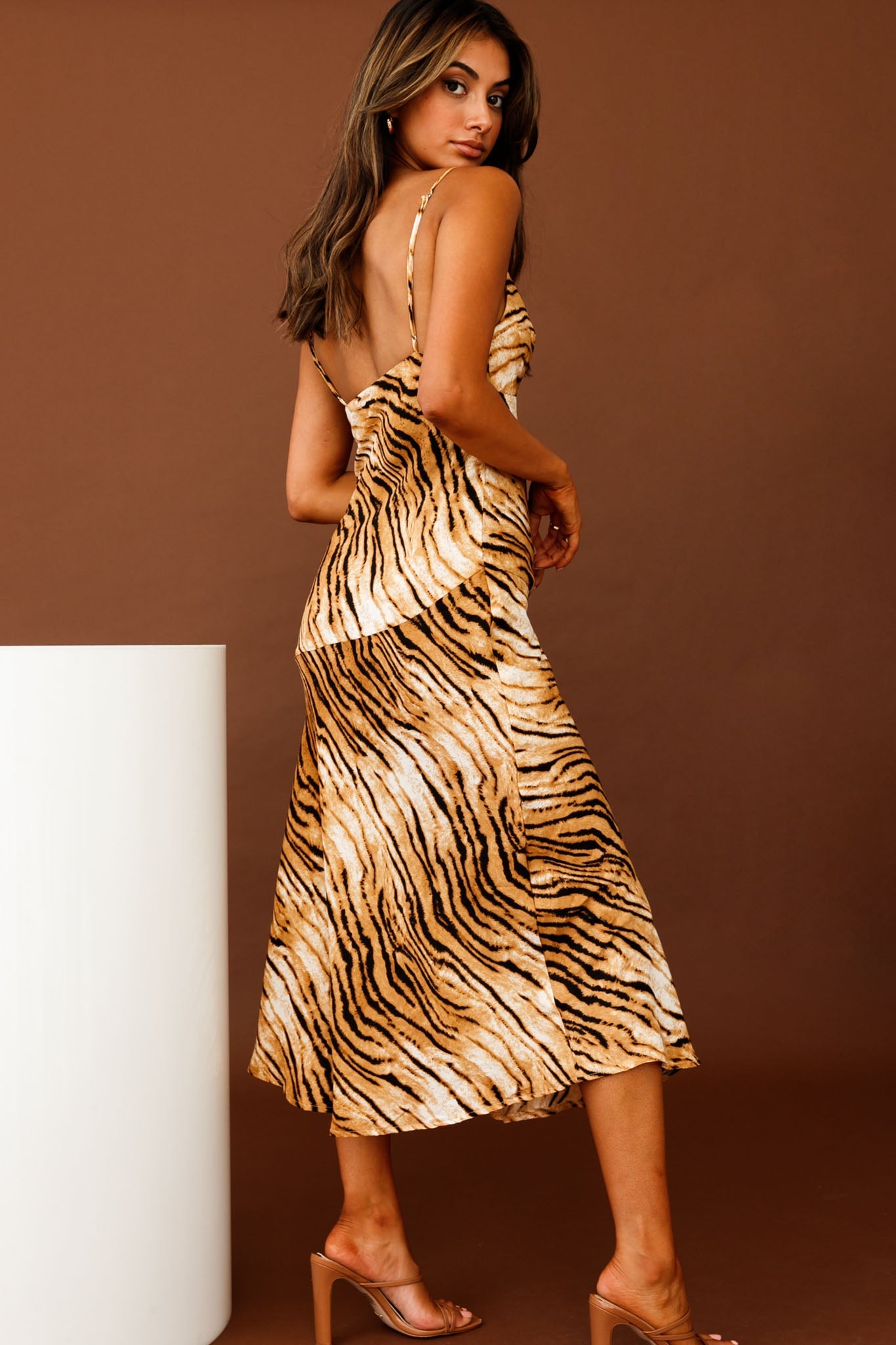 Downtown Cami Strap Front Split Midi Dress Tiger Print by Selfie Leslie