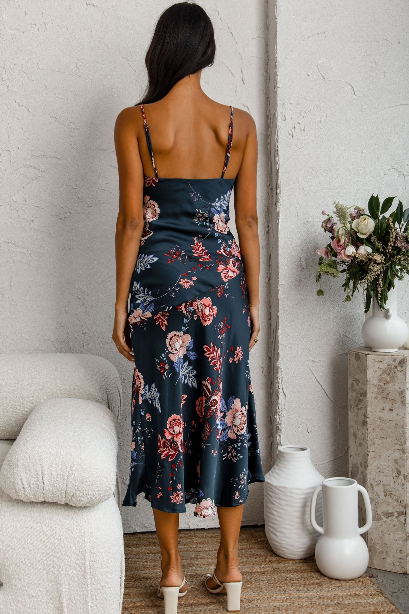 Downtown Cami Strap Front Split Midi Dress Oriental Flower Print Forest Green by Selfie Leslie