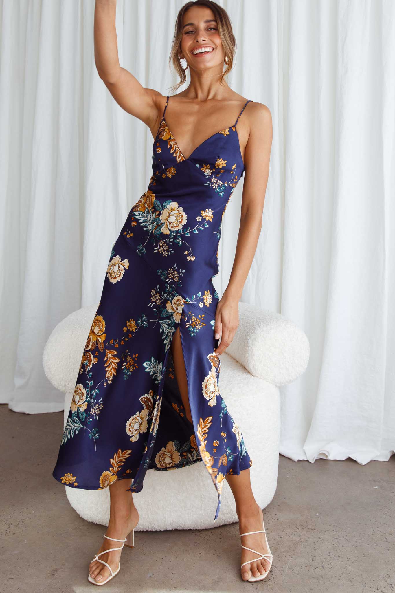 Downtown Cami Strap Front Split Midi Dress Oriental Flower Print Navy by Selfie Leslie