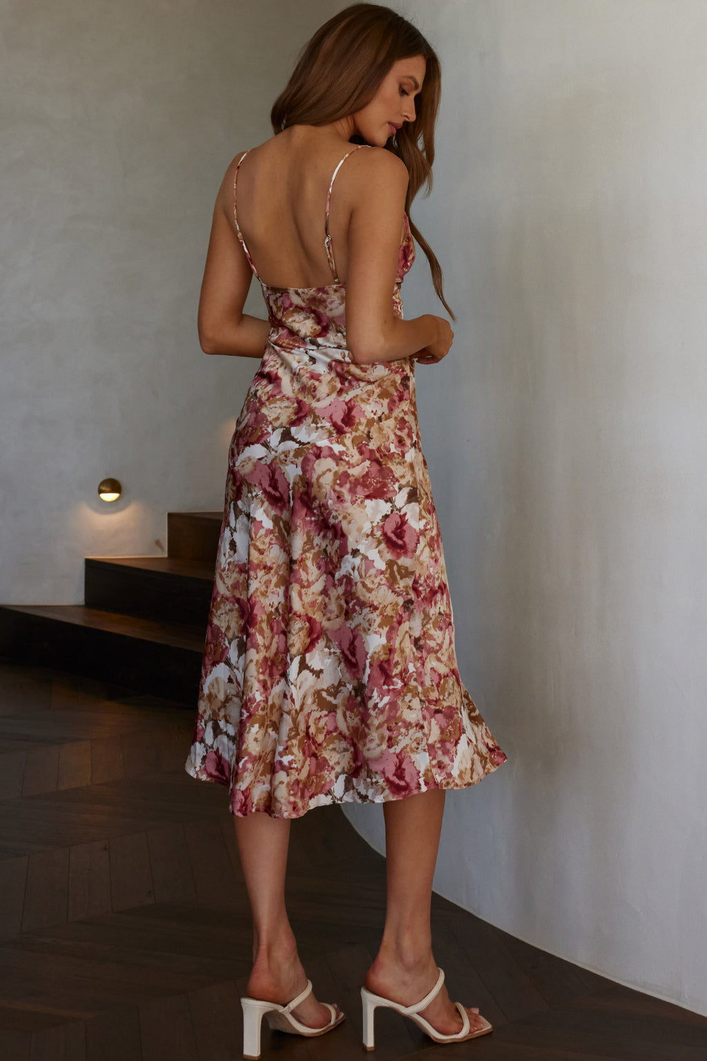 Downtown Cami Strap Front Split Midi Dress Abstract Rose by Selfie Leslie