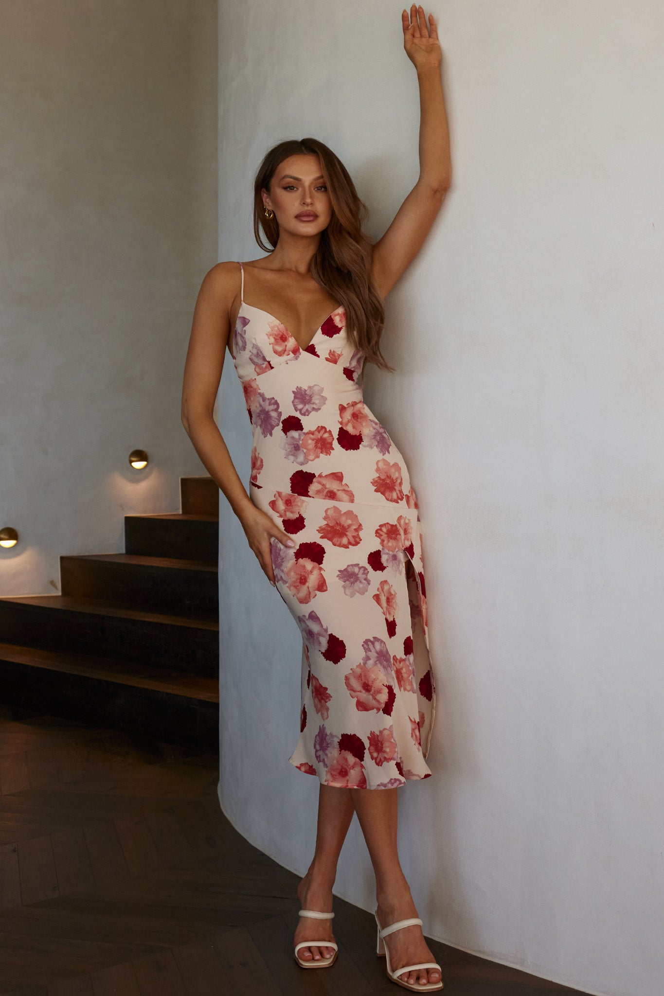 Downtown Cami Strap Front Split Midi Dress Flower Rose by Selfie Leslie
