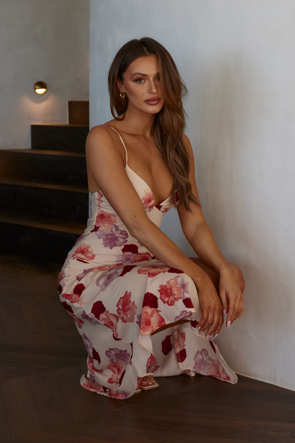 Downtown Cami Strap Front Split Midi Dress Flower Rose by Selfie Leslie