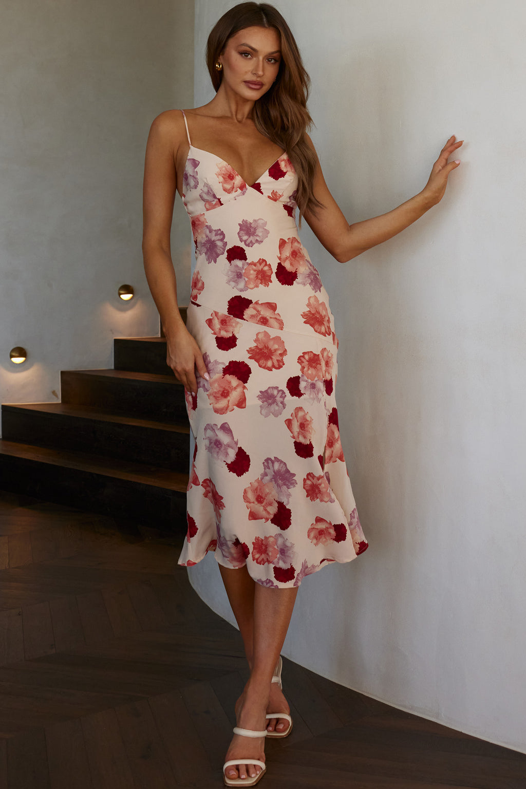 Downtown Cami Strap Front Split Midi Dress Flower Rose by Selfie Leslie