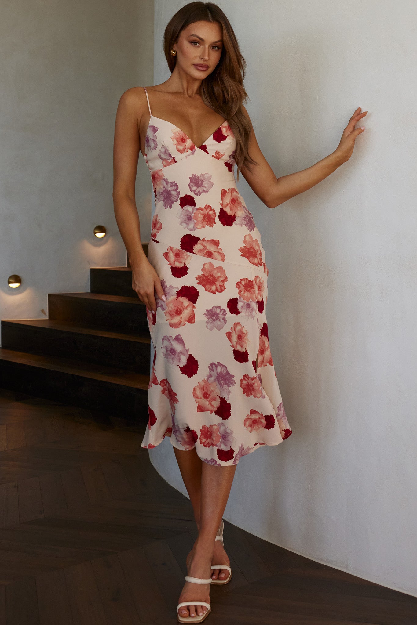 Downtown Cami Strap Front Split Midi Dress Flower Rose by Selfie Leslie