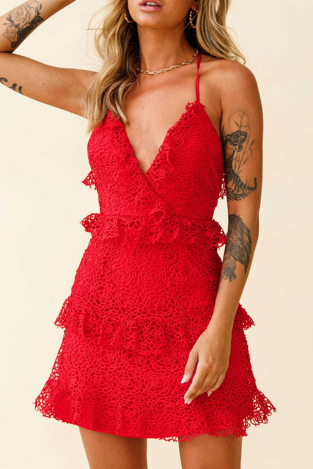 Airlie Halterneck Open Back Lace Dress Red by Selfie Leslie