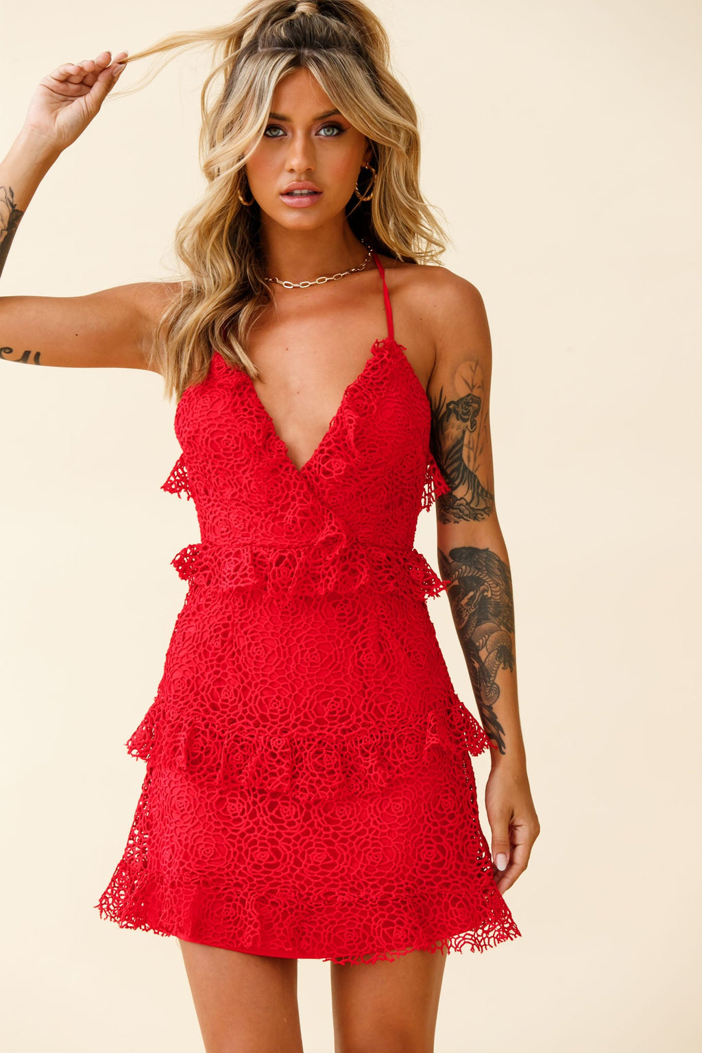 Airlie Halterneck Open Back Lace Dress Red by Selfie Leslie