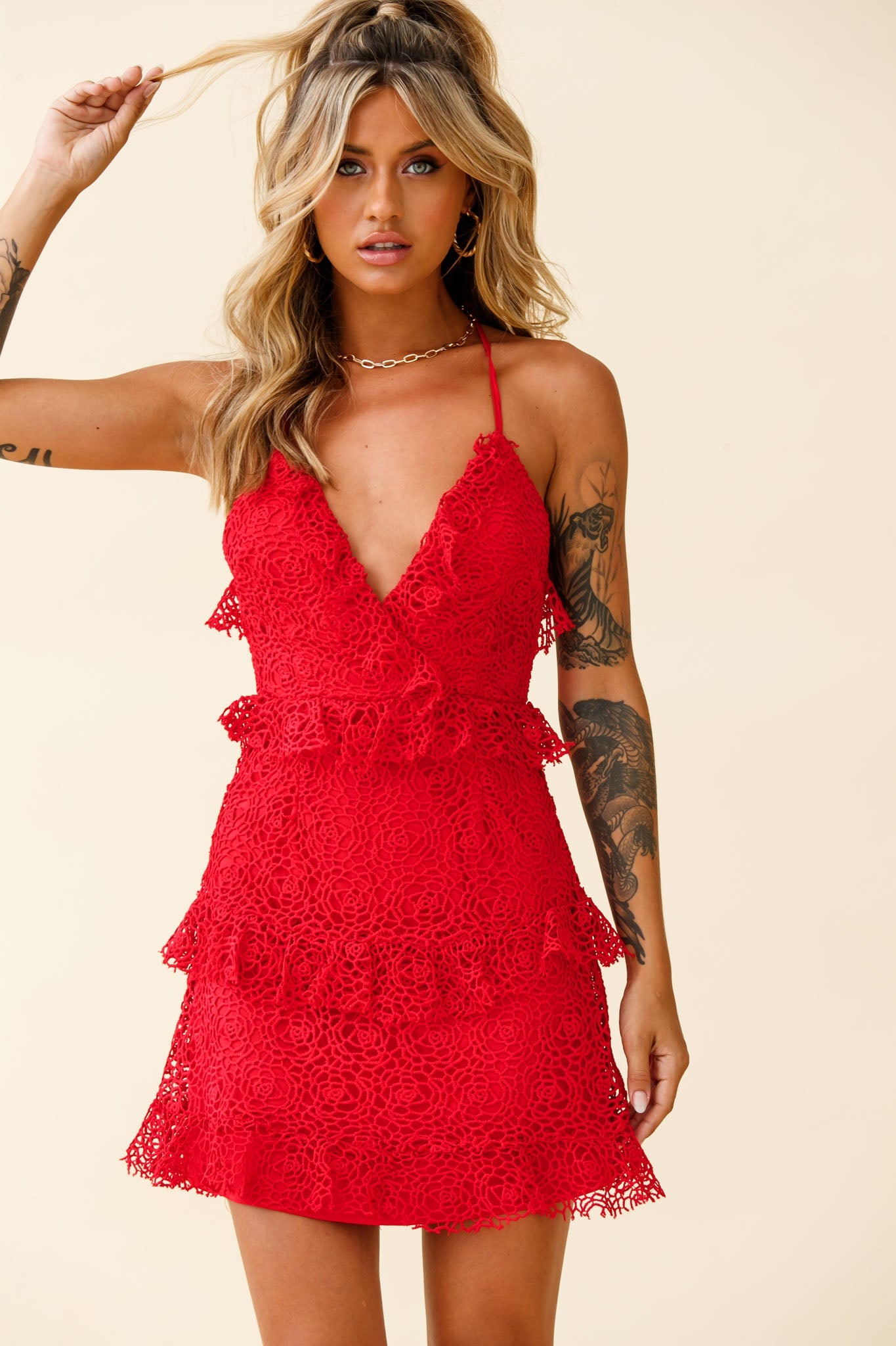 Airlie Halterneck Open Back Lace Dress Red by Selfie Leslie