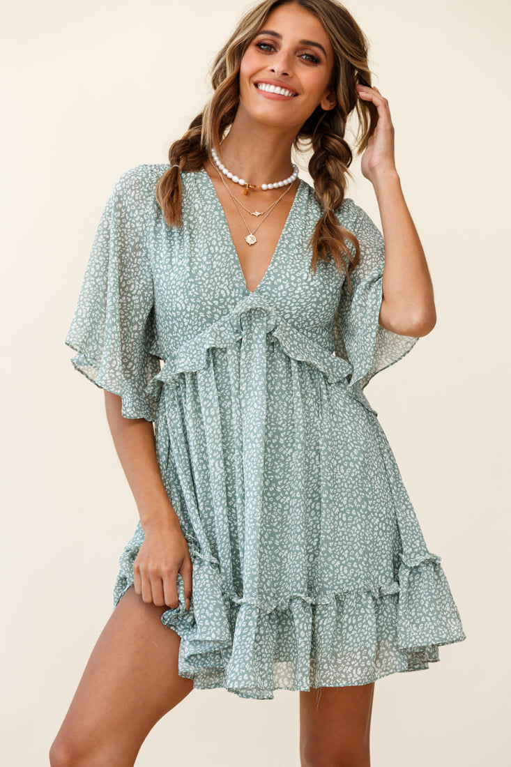 Flissy Angel Sleeve Cut-Out Babydoll Dress Speckle Print Olive by Selfie Leslie