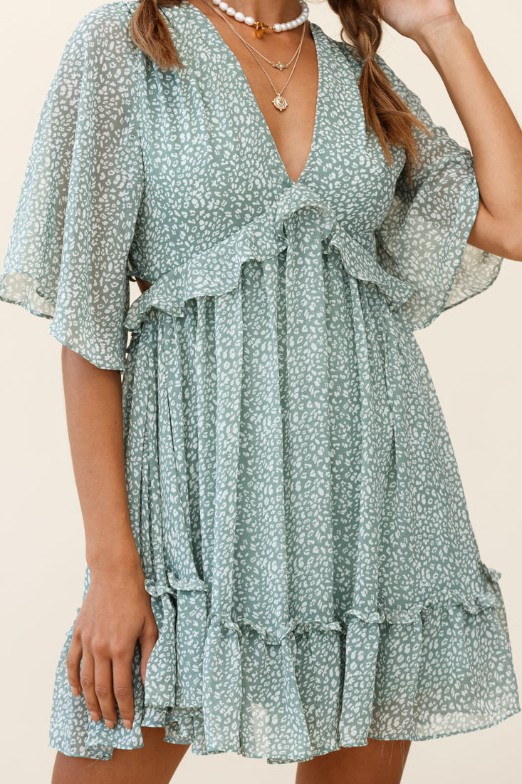 Flissy Angel Sleeve Cut-Out Babydoll Dress Speckle Print Olive by Selfie Leslie