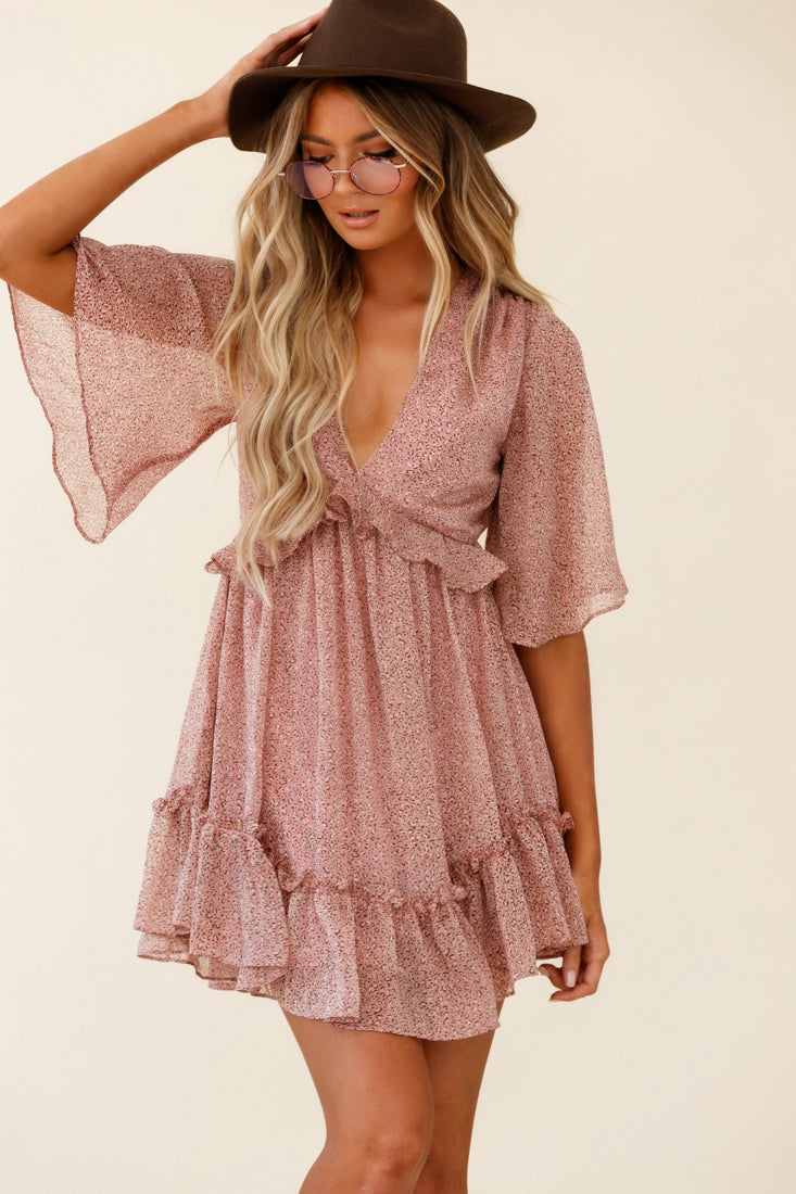 Flissy Angel Sleeve Cut-Out Babydoll Dress Leopard Print Blush by Selfie Leslie