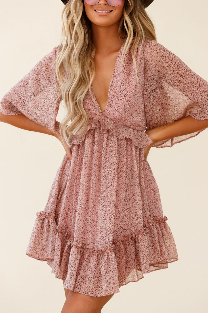 Flissy Angel Sleeve Cut-Out Babydoll Dress Leopard Print Blush by Selfie Leslie