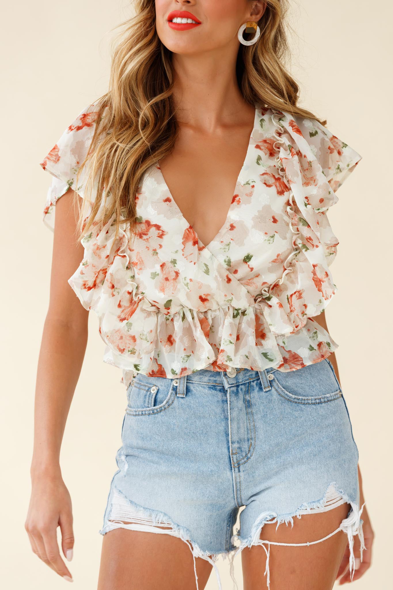Lucia Surplice Neckline Ruffle Detail Top Floral Print Beige by Selfie Leslie
