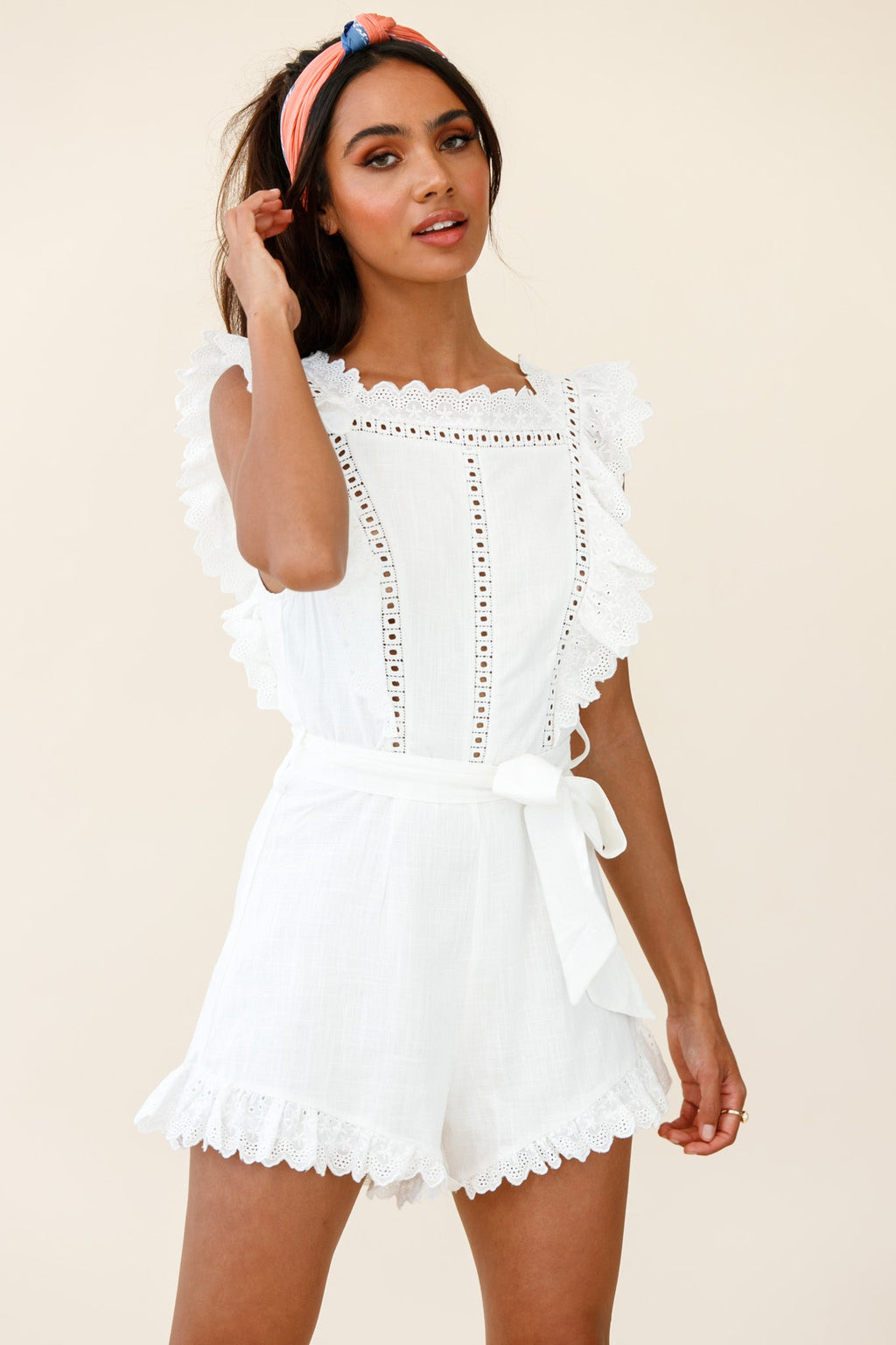 Meadow Ruffle Trim Waist Tie Romper White by Selfie Leslie