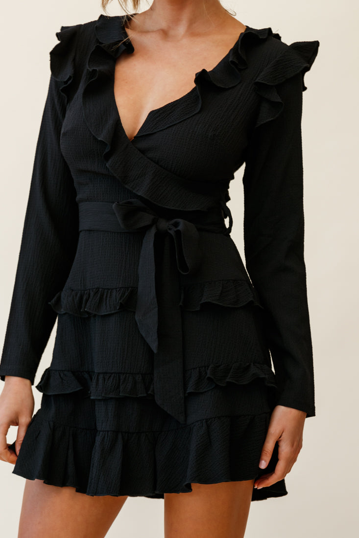 Jemirah Ruffle-Trimmed Long Sleeve Frill Dress Black by Selfie Leslie
