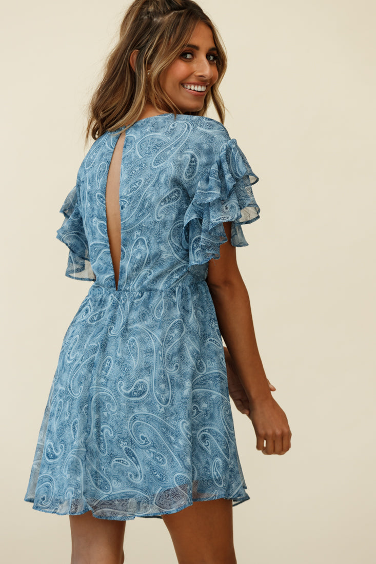 Here And Now Layered Ruffle Sleeve Loose Fit Dress Paisley Print Navy by Selfie Leslie