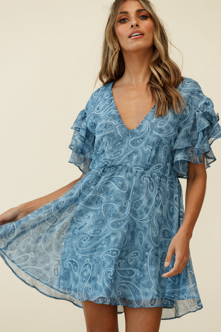 Here And Now Layered Ruffle Sleeve Loose Fit Dress Paisley Print Navy by Selfie Leslie