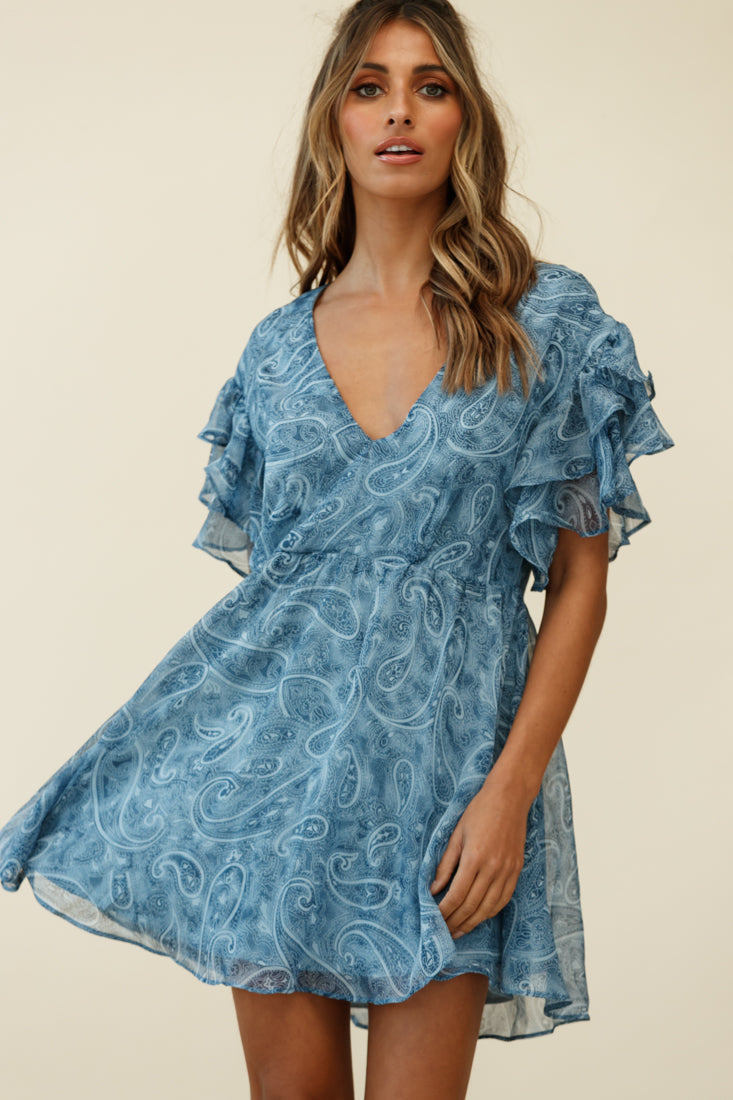Here And Now Layered Ruffle Sleeve Loose Fit Dress Paisley Print Navy by Selfie Leslie