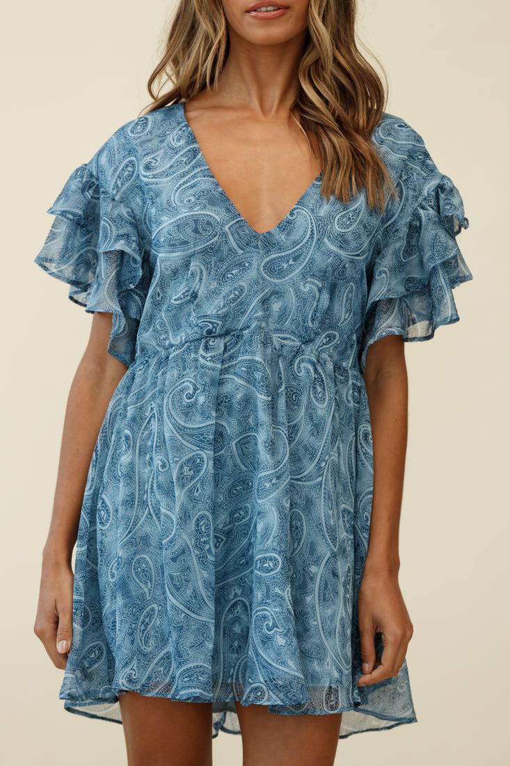 Here And Now Layered Ruffle Sleeve Loose Fit Dress Paisley Print Navy by Selfie Leslie
