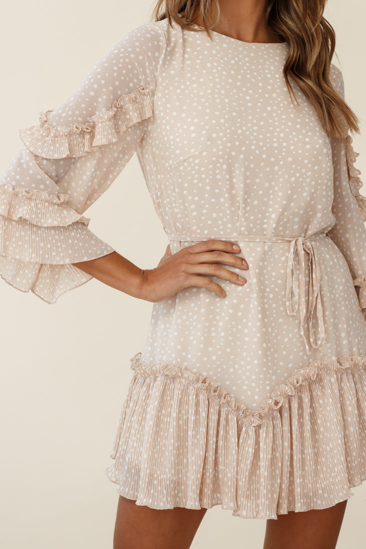 Yours Sincerely Three-Quarter Sleeve Accordion Pleat Dress Spot Print Nude by Selfie Leslie