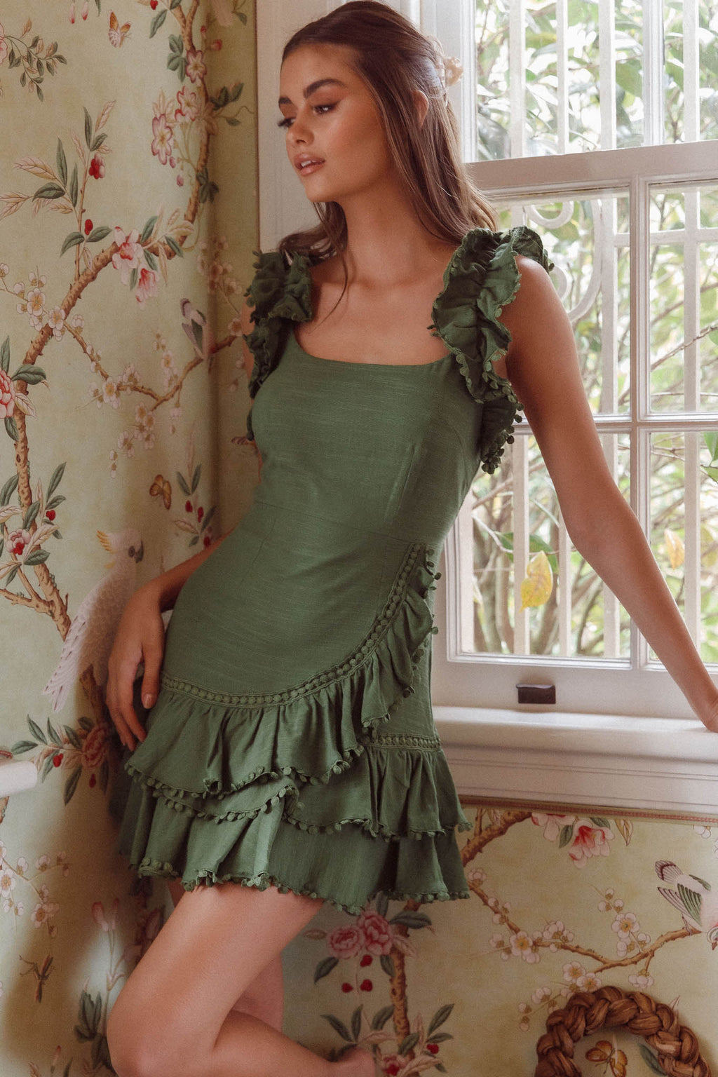 Annie Ruffle Shoulder Strap Layered Hem Mini Dress Green by Selfie Leslie Australia