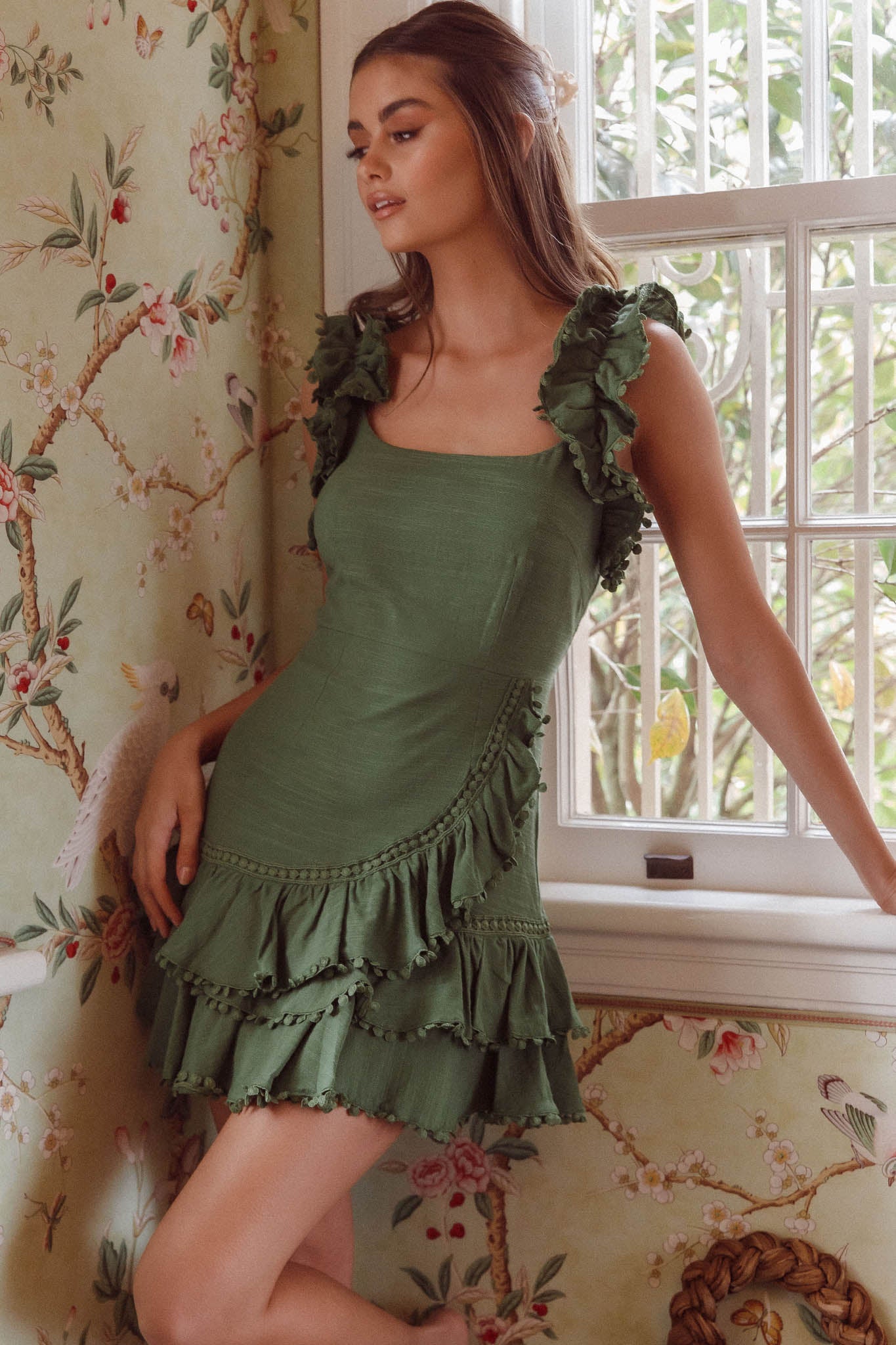 Annie Ruffle Shoulder Strap Layered Hem Mini Dress Green by Selfie Leslie Australia