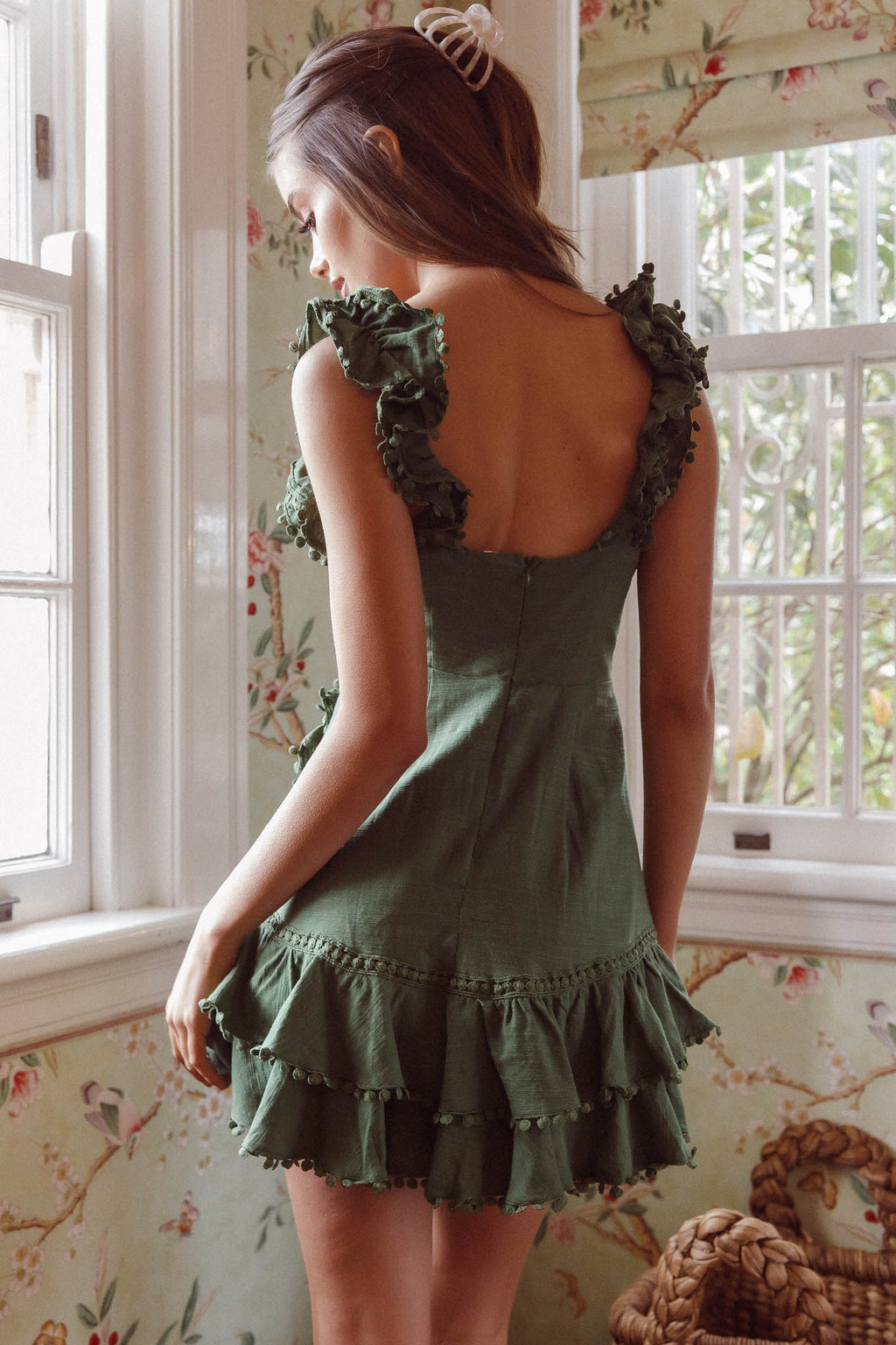 Annie Ruffle Shoulder Strap Layered Hem Mini Dress Green by Selfie Leslie Australia