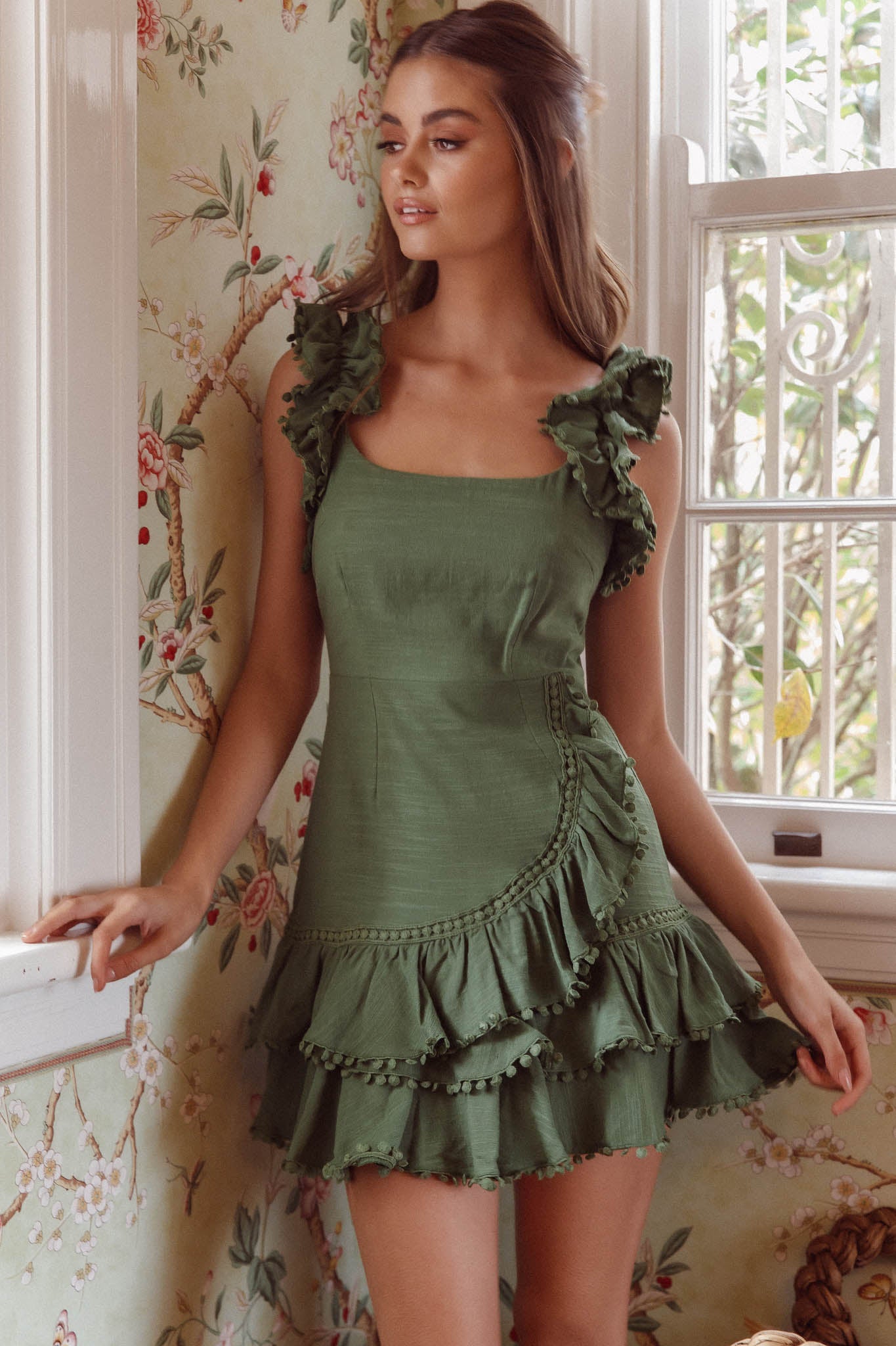 Annie Ruffle Shoulder Strap Layered Hem Mini Dress Green by Selfie Leslie Australia