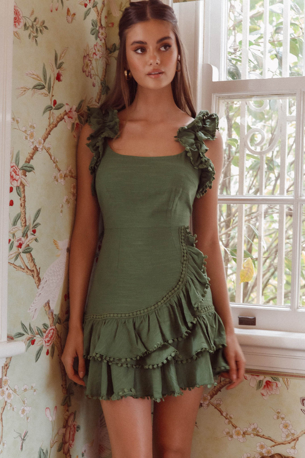 Annie Ruffle Shoulder Strap Layered Hem Mini Dress Green by Selfie Leslie Australia